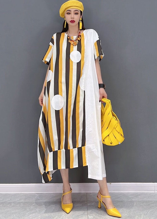 Chic Yellow Asymmetrical Striped Print Patchwork Cotton Maxi Dresses Short Sleeve Summer