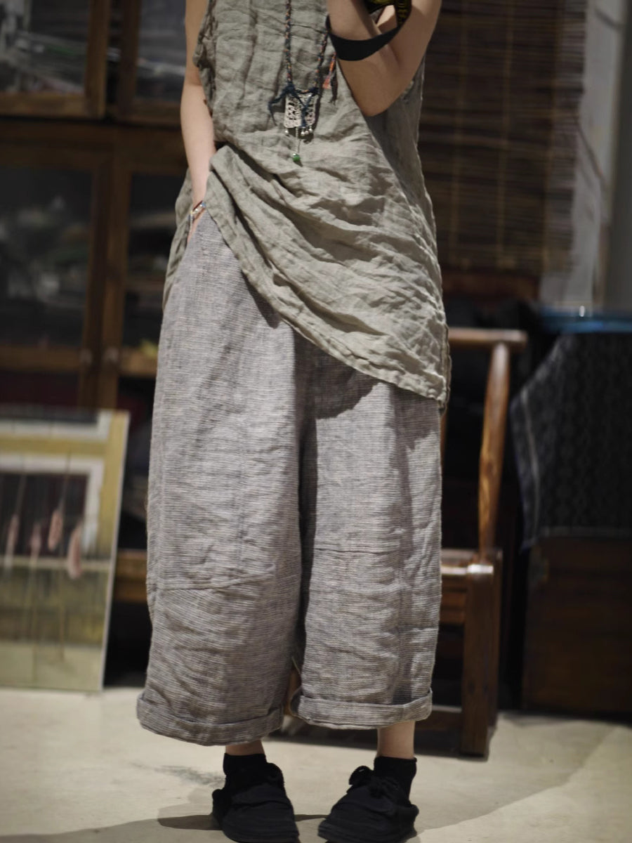 Women Vintage Summer Pure Color Wide-leg Linen Pants