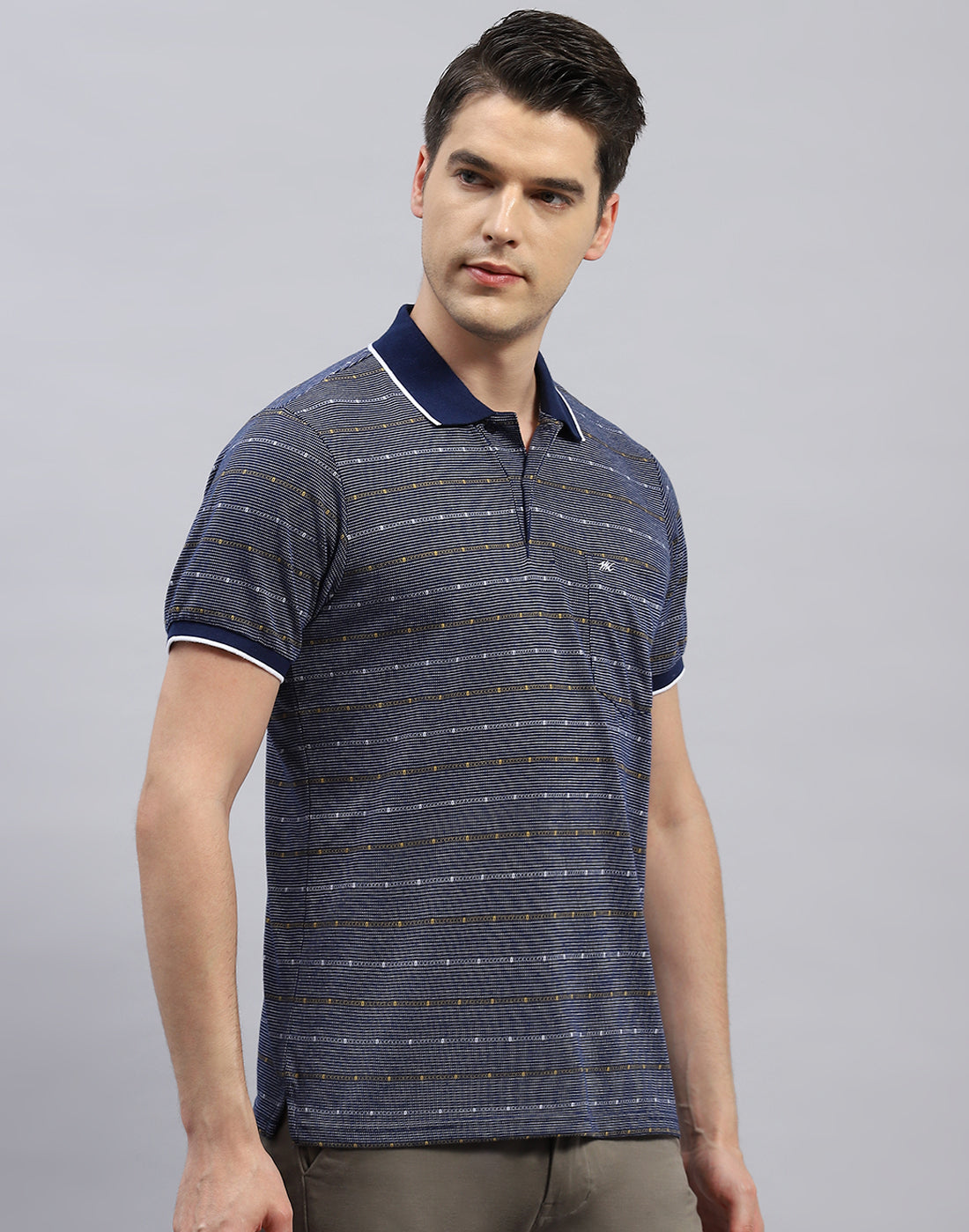 Men Navy Blue Stripe Polo Collar Half Sleeve T-Shirt