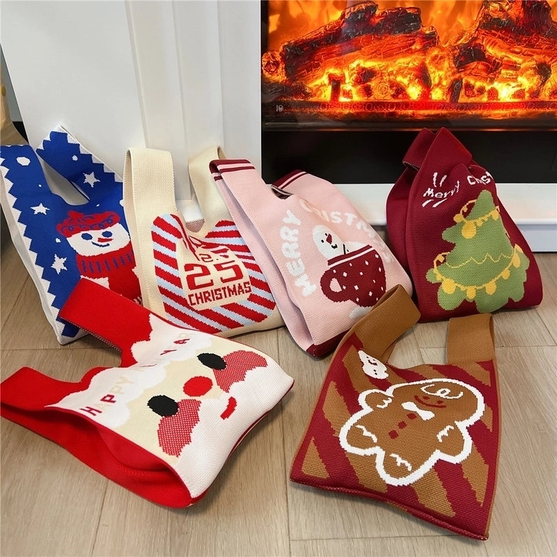 Christmas Women's Small Knit Christmas Tree Santa Claus Cute Square Open Handbag