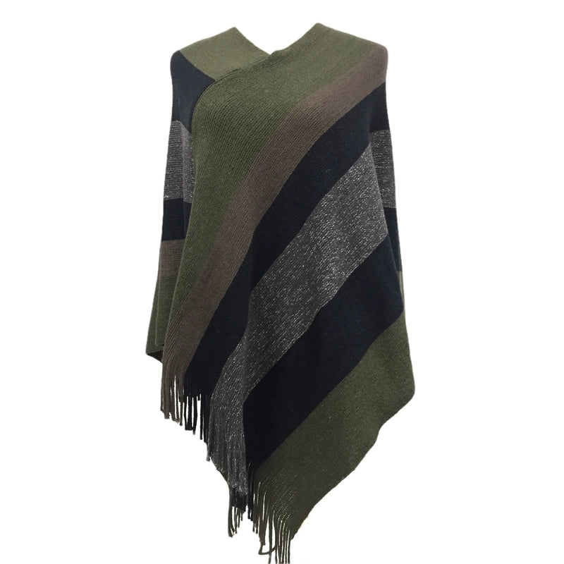 Women's Popular Pullover Cape Knitted Fashionable Color Matching Autumn And Winter Color Stripe Tassel Cape