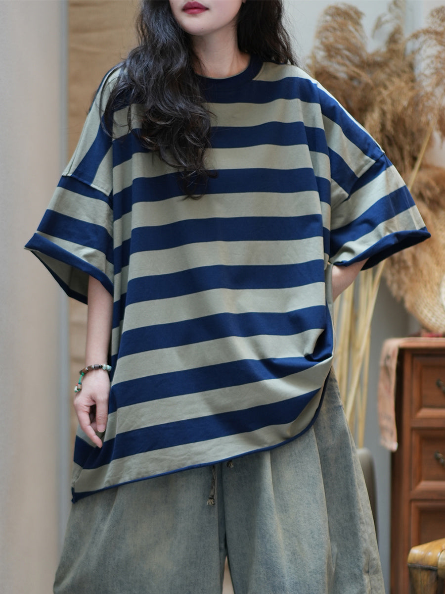Women Summer Casual Stripe O-Neck Cotton Shirt