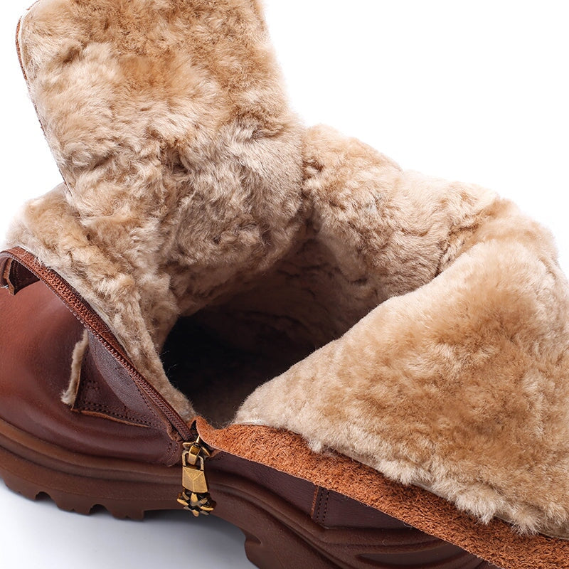Leather Combat Boots Designer Retro Chunky Riding Boots in Coffee/Black Have Shearling Lined Choice