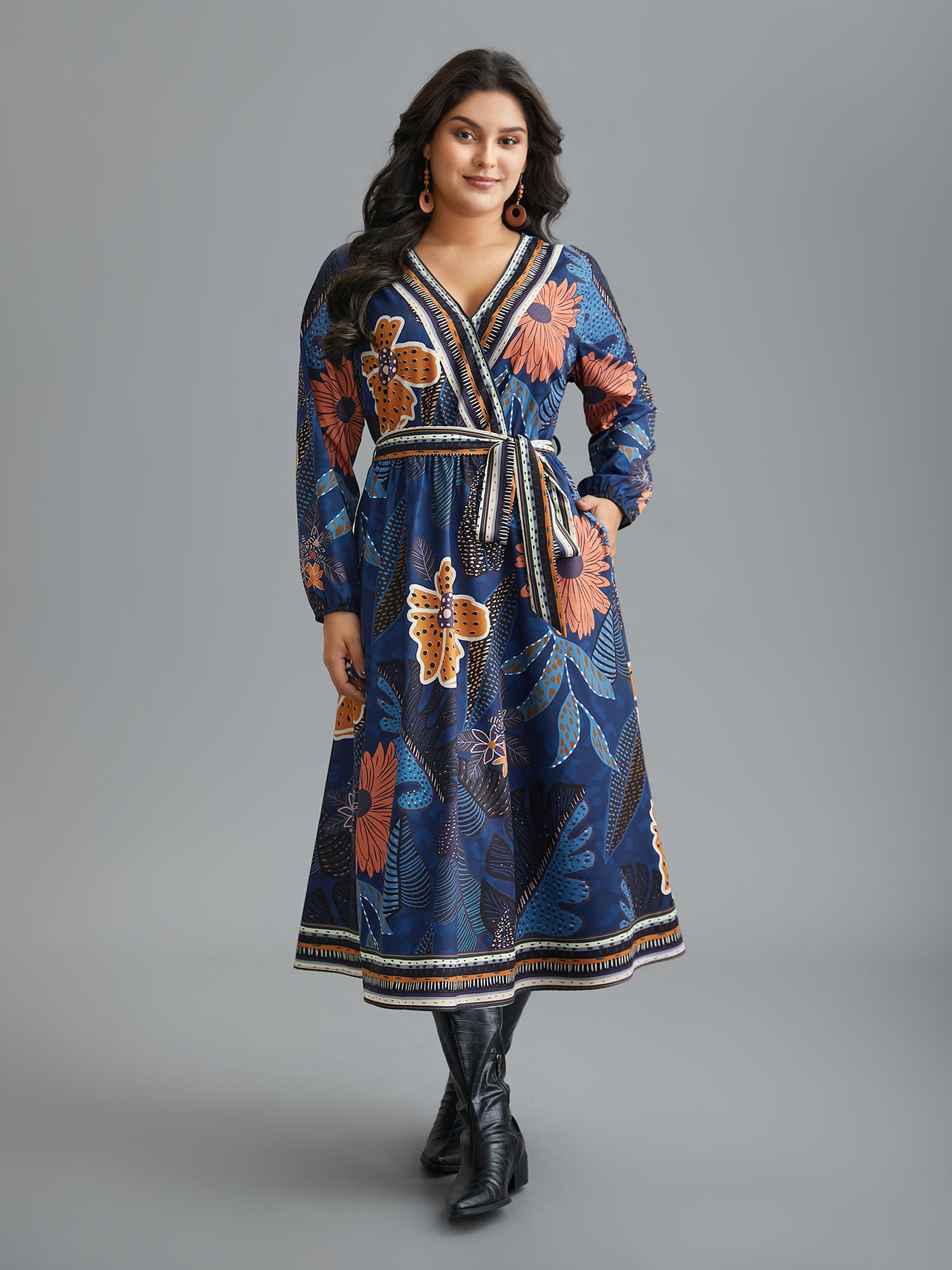 Boho Print Belted Lantern Sleeve Dress