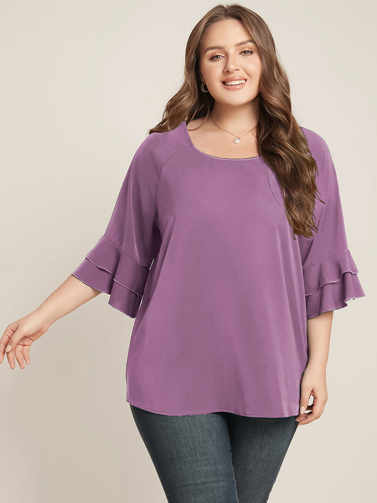 Plain Ruffle Tiered Round Neck Blouse