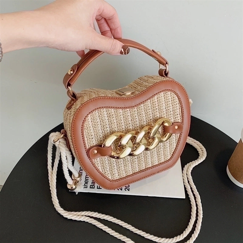 Women's Small Straw Color Block Streetwear Chain Lock Clasp Crossbody Bag