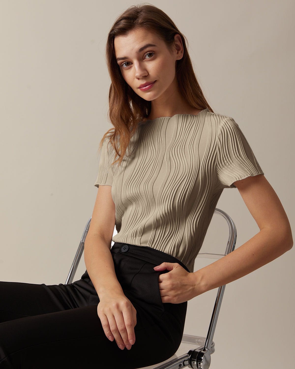 The Khaki Boat Neck Water Ripple Textured Tee
