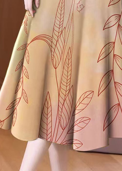 New Khaki Print Elastic Waist Cotton Skirt Summer