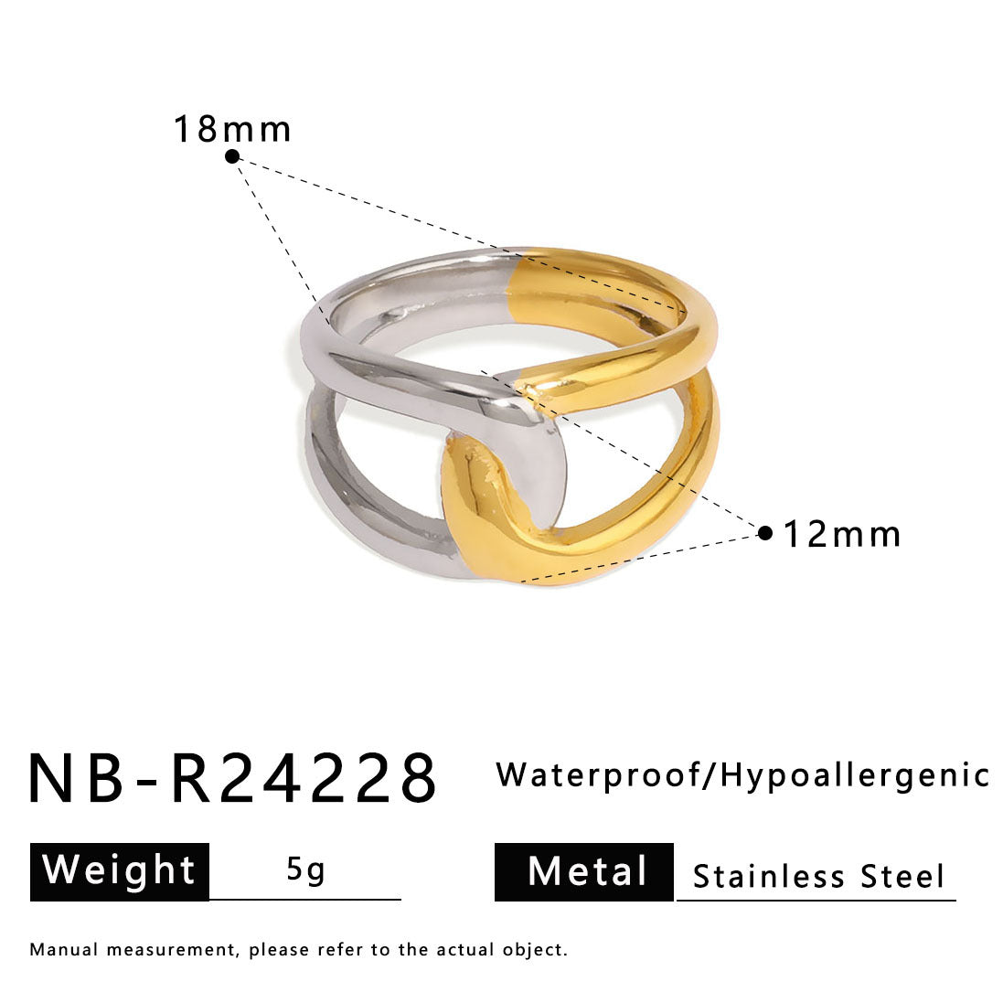 Design Sense Two-Color Hollow Lines Gold Ring Asymmetrical Staggered Exaggerated Stainless Steel Ring Women
