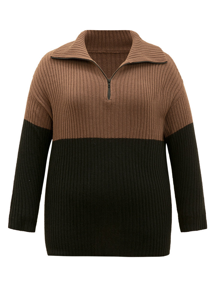 Colorblock Contrast Half Zip Lapel Collar Pullover