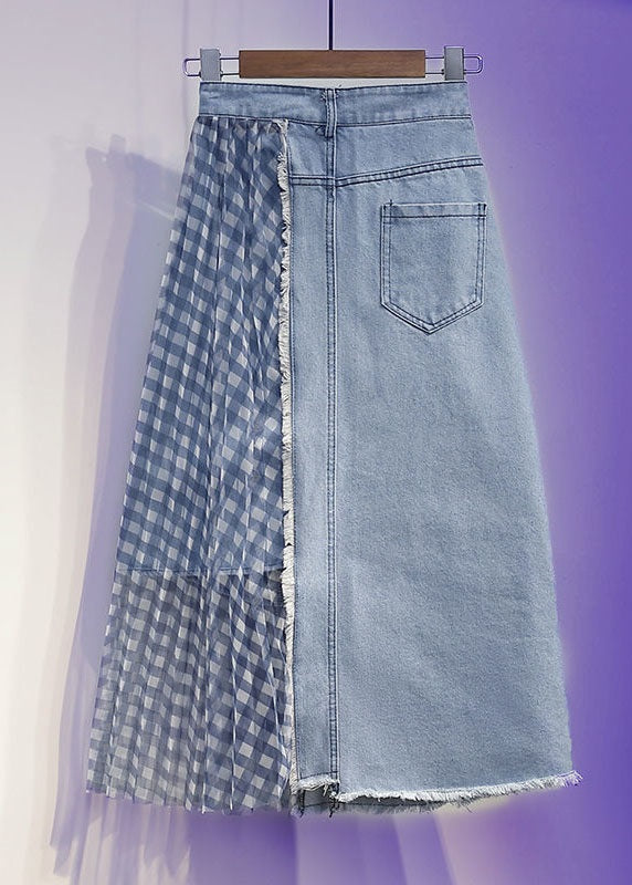 Vintage Blue Wrinkled Tulle Patchwork Denim Skirts Spring