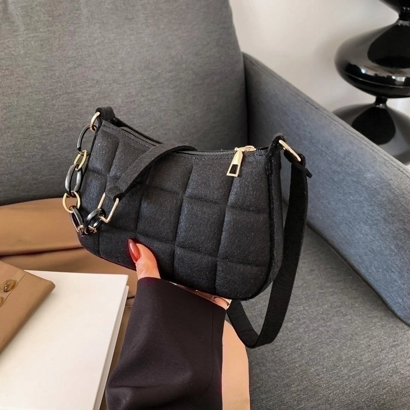 Women's Woolen Solid Color Basic Vintage Style Square Zipper Shoulder Bag Crossbody Bag