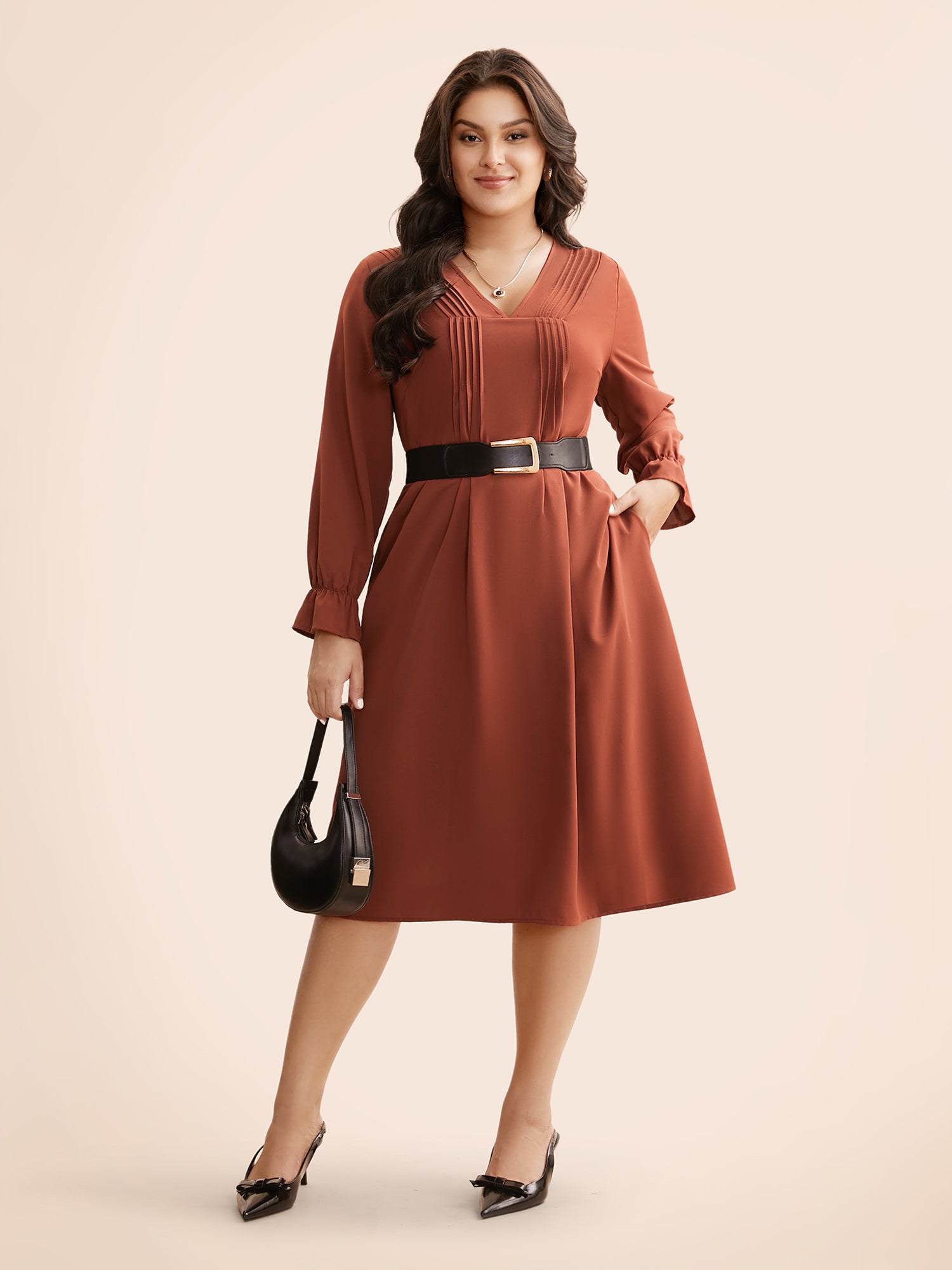 V Neck Pleated Lantern Sleeve Dress