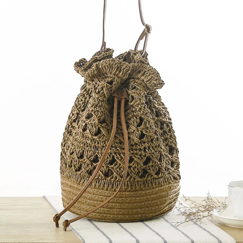 New Hollow Shoulder Bucket Straw Woven Bag 20*28cm