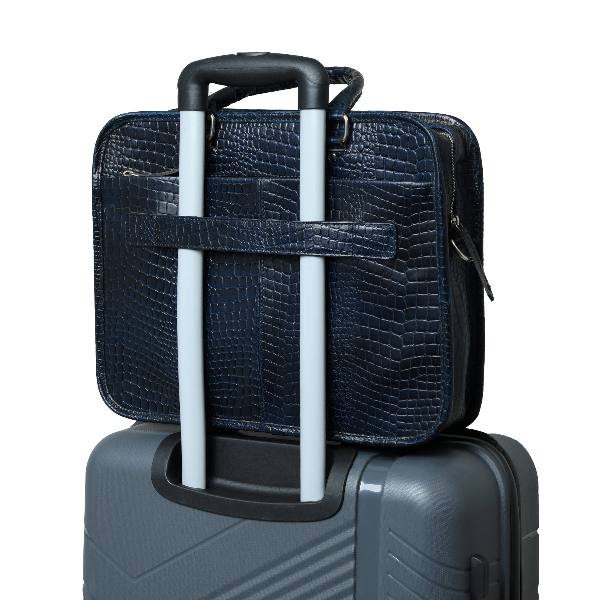 Croco Leather Computer Bag. Navy
