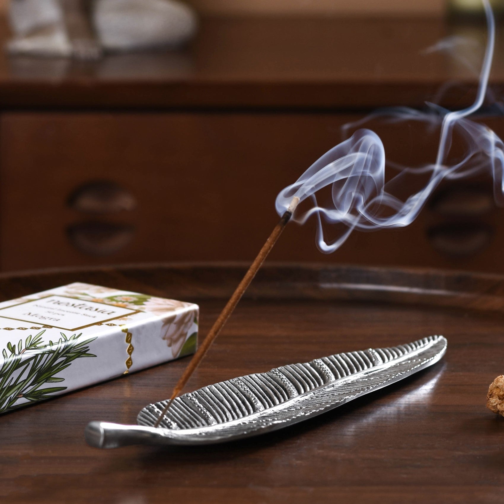 Long Leaf Incense Holder With Mogra Incense Sticks