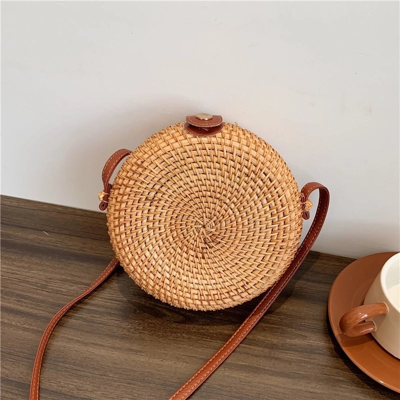 Women's Small Straw Geometric Solid Color Basic Round Square Lock Clasp Crossbody Bag