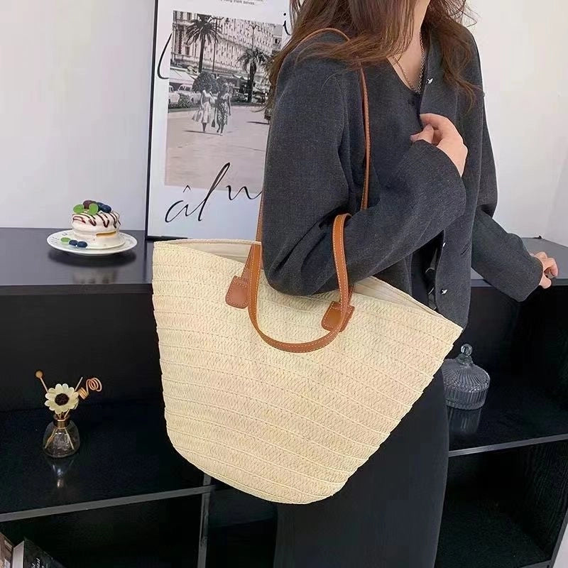 Women's Large Straw Solid Color Vacation Beach Weave Zipper Straw Bag