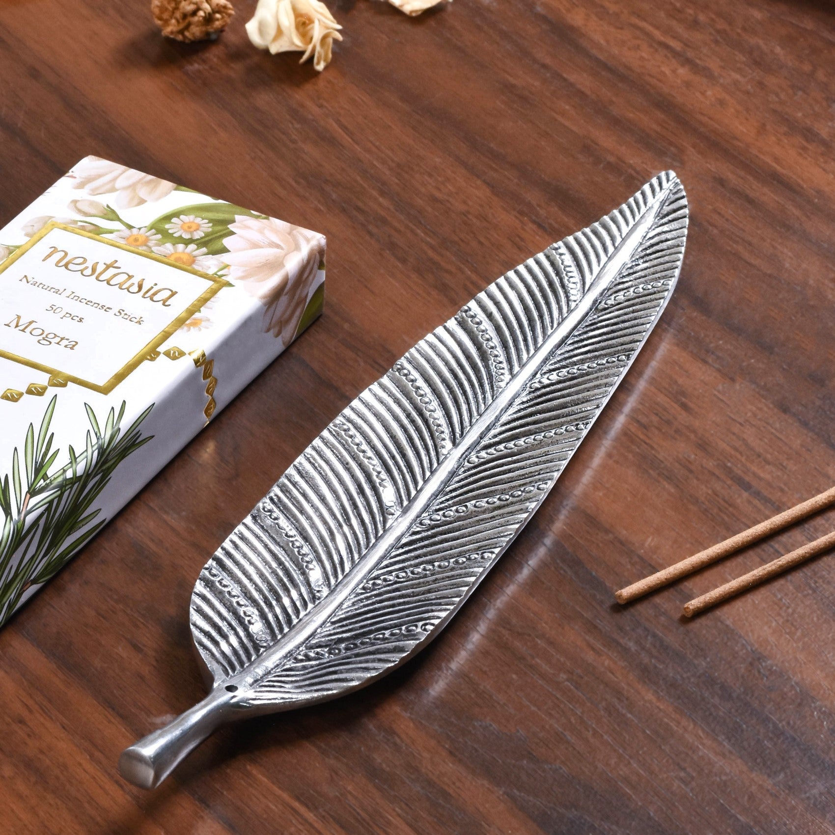 Long Leaf Incense Holder With Mogra Incense Sticks