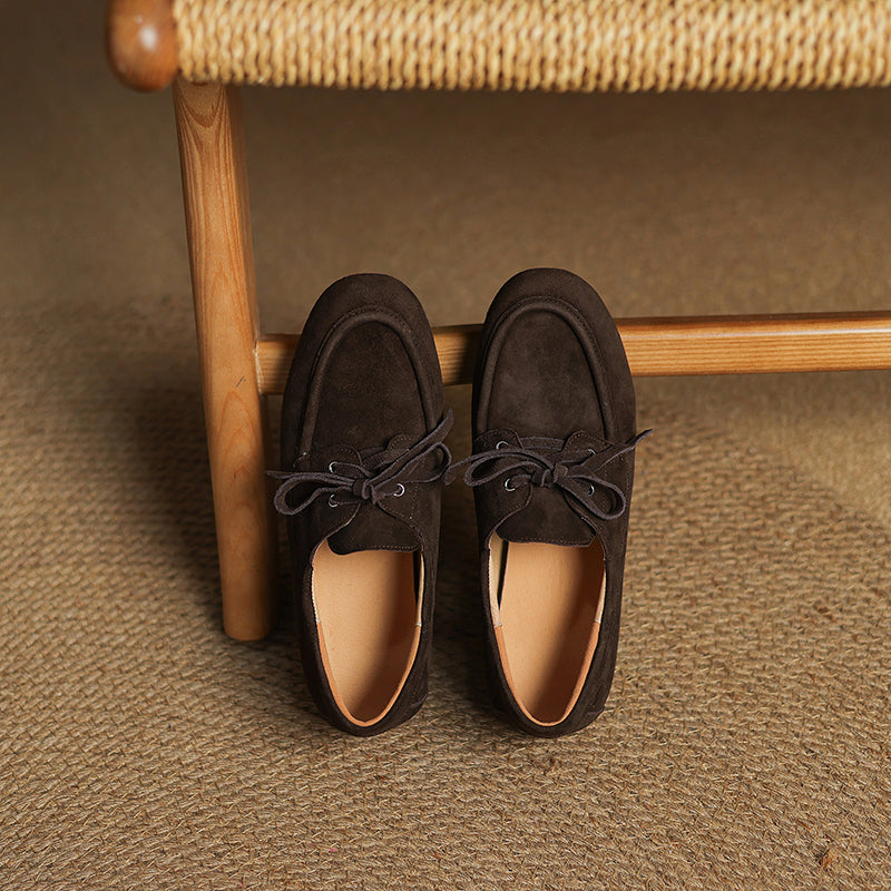 Women's Suede Leather Lace-Up Boat Shoes Round Toe Casual Driving Loafers in Deep Brown/Coffee