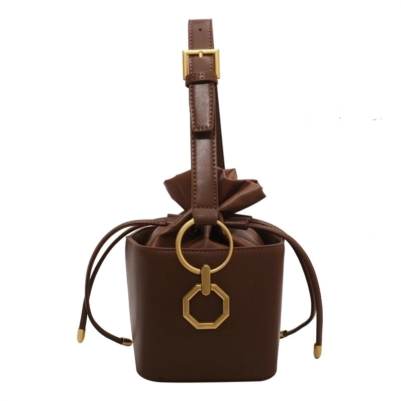 Women's Small All Seasons Pu Leather Solid Color Streetwear Bucket String Shoulder Bag Handbag Bucket Bag