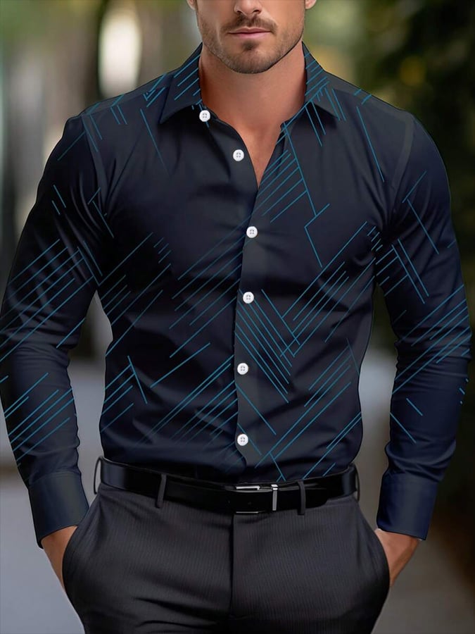 Men'sgeometric Stripe Design Business Casual Shirt