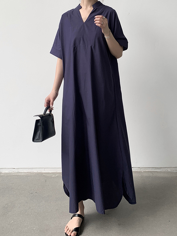 Loose Short Sleeves Solid Color V-Neck Maxi Dresses
