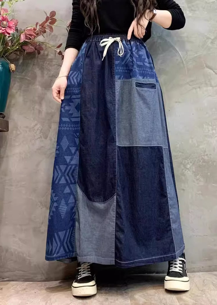 DIY Navy Asymmetrical Patchwork Denim Skirt Summer