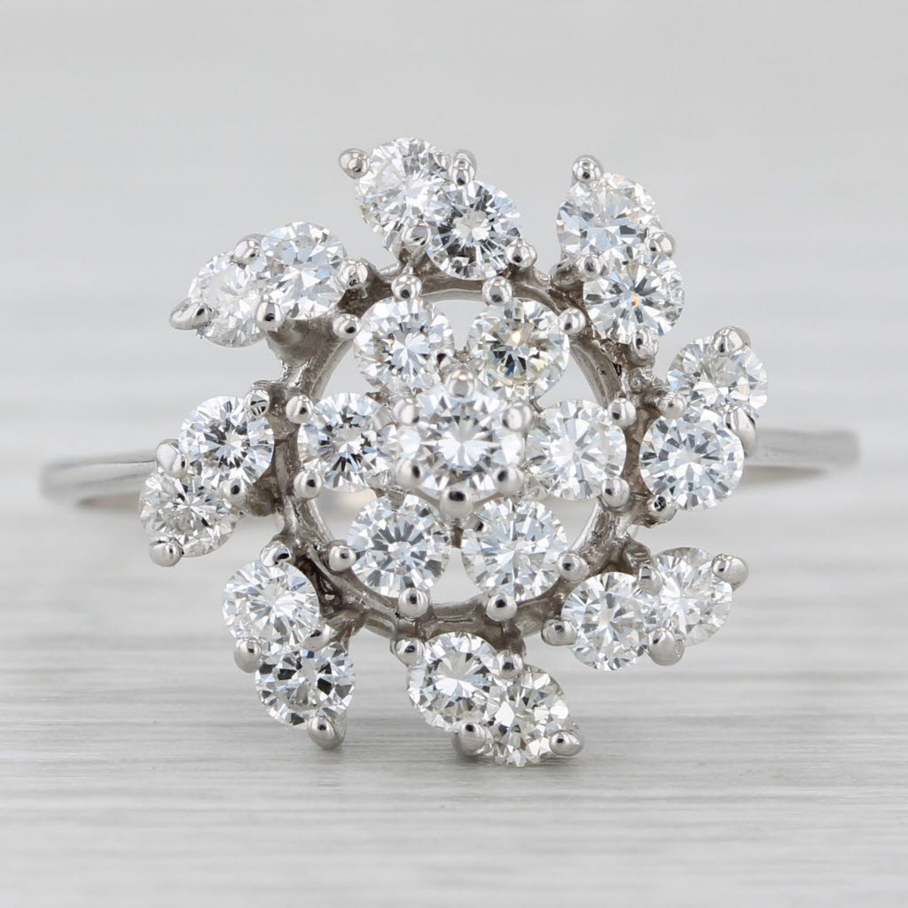 Vintage 1ctw Diamond Cluster Flower Ring 18k White Gold Size 9
