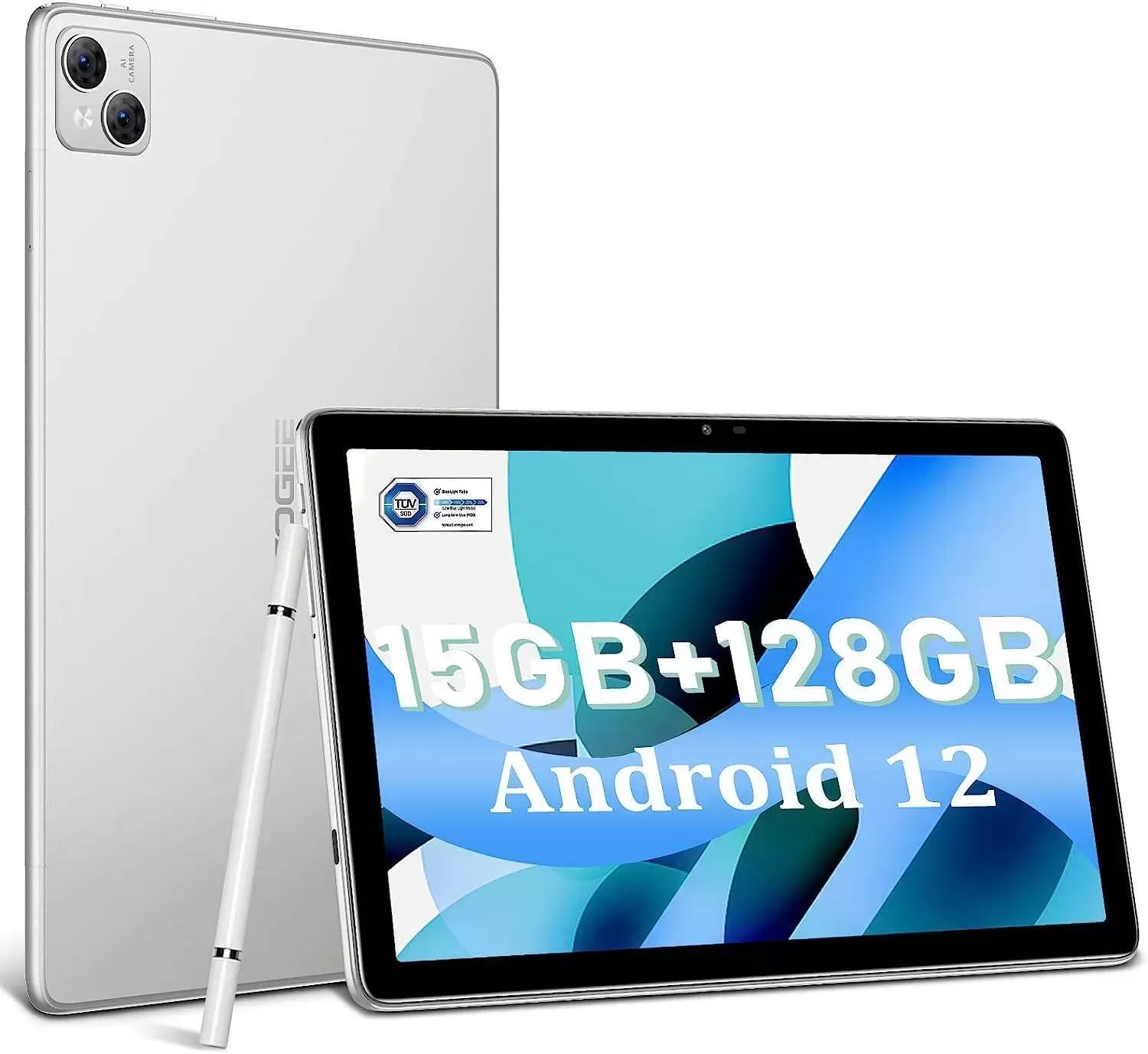 T10 Android Tablet 2K HD 10.1 inch, 15GB RAM 128GB ROM(TF 1TB), Octa-Core Android 12 OS, Battery 8300mAh, 2.4/5G WiFi&Bluetooth 5.0, 13MP+8MP Camera, TÜV Low Bluelight Tablet for Kids (Silvery)