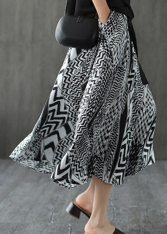 Elegant Black White Print Patchwork Pockets Elastic Waist Linen Skirt Summer