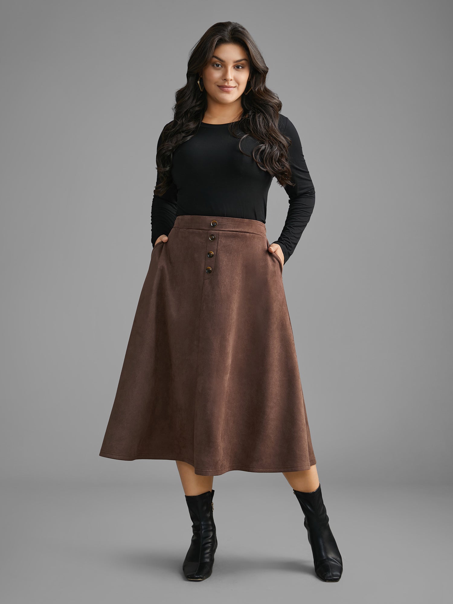 Faux Suede Button Detail Pocket Skirt