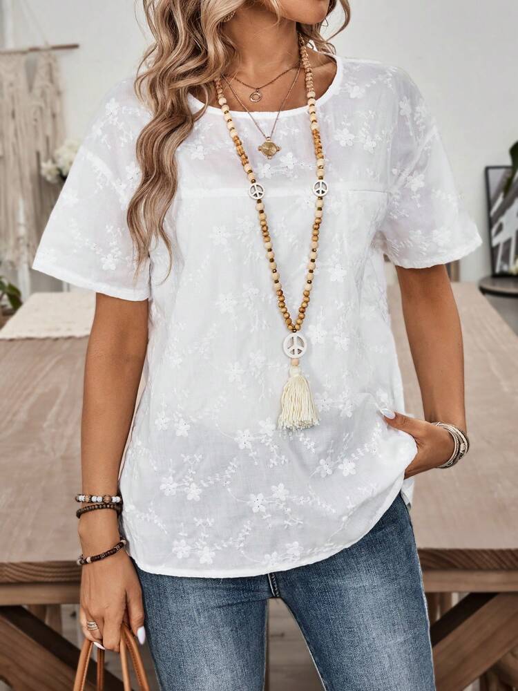 Women's Vacation Leisure Solid Color Flower Embroidery Short Sleeve Shirt