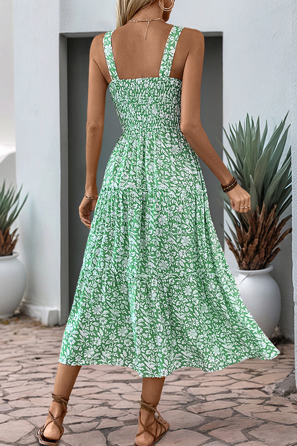 Fashion Smocked Floral Print High Waist Casual Dress
