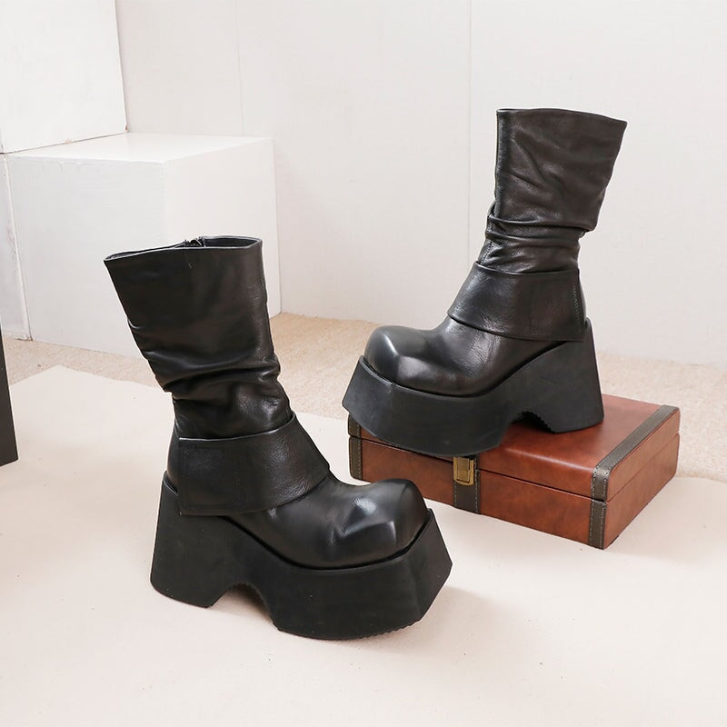 105mm High Platform Boots for Women Square Toe Touch-strap Side Zip in Black/Brown