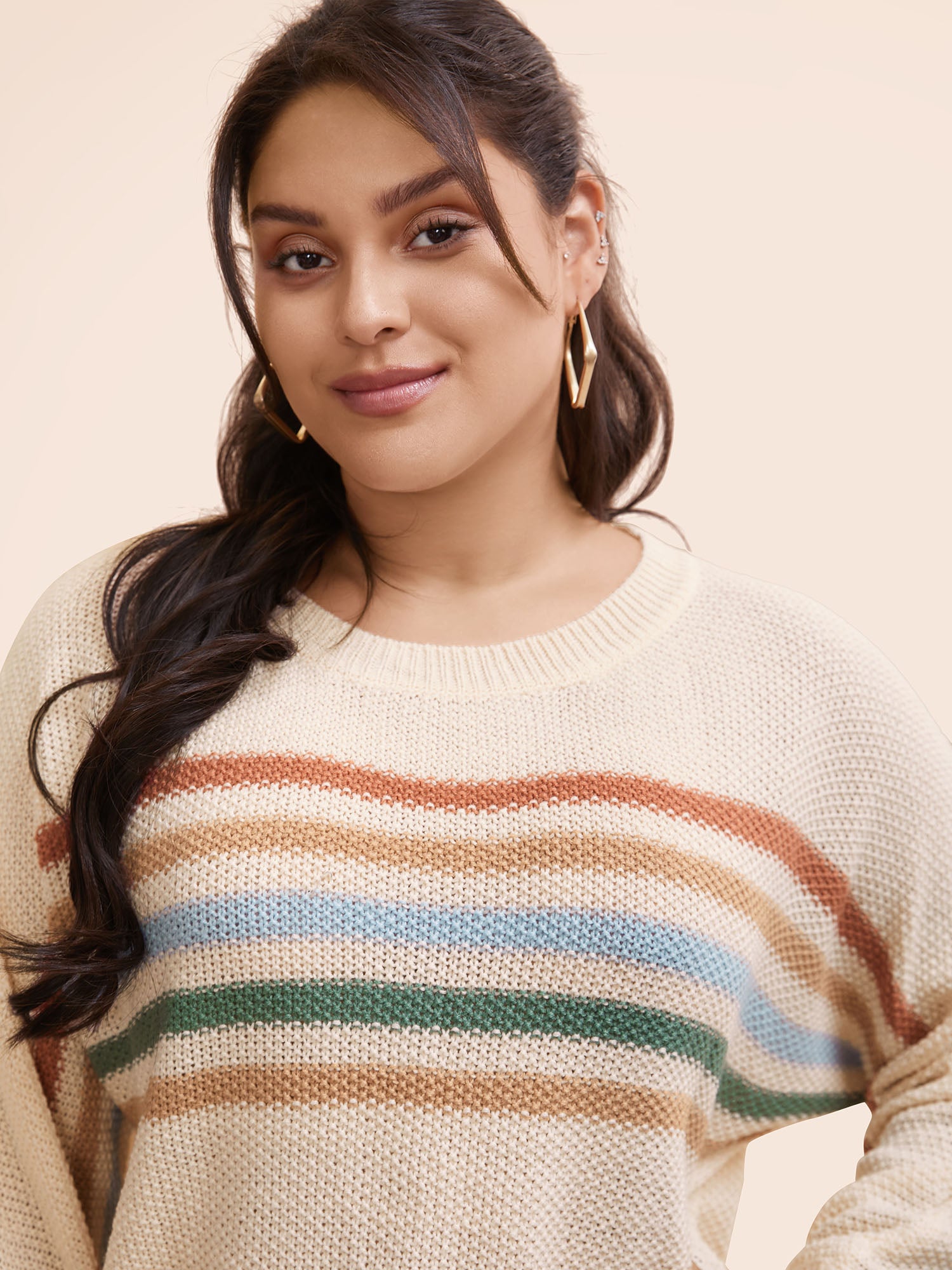 Crew Neck Contrast Striped Dolman Sleeve Pullover