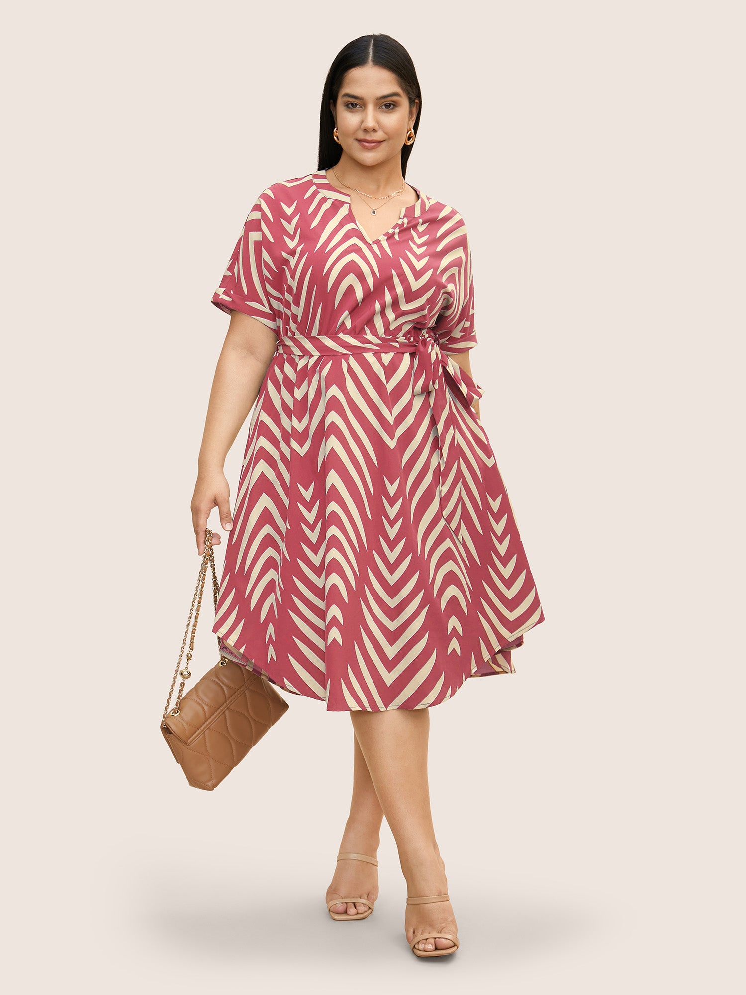 Geometric Belted Dolman Sleeve Curved Hem Dress