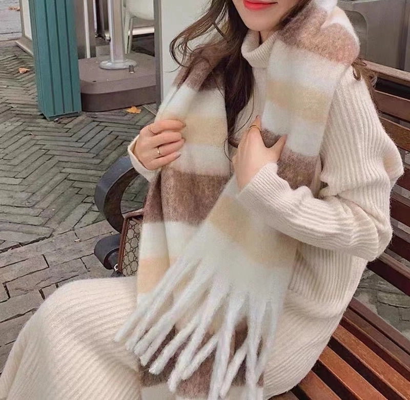 Brown Striped Scarf Women's Autumn And Winter  Trendy Winter Warm Imitation Cashmere Windproof Scarf For Students