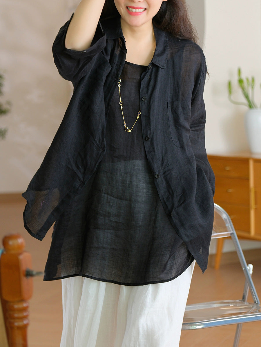 Women Summer Casual Pure Color Turn-down Collar 100%Ramie Shirt