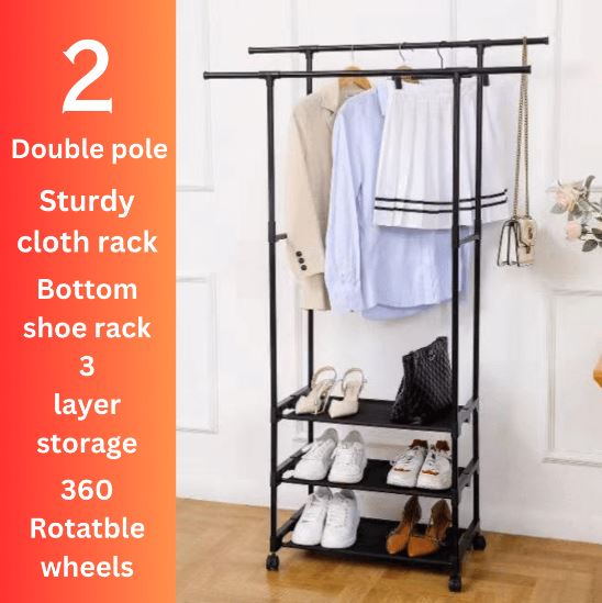 Double Pole Shoe & Cloth Rack With Bottom 3 Layer Storage. Multifunction Cloth Rack