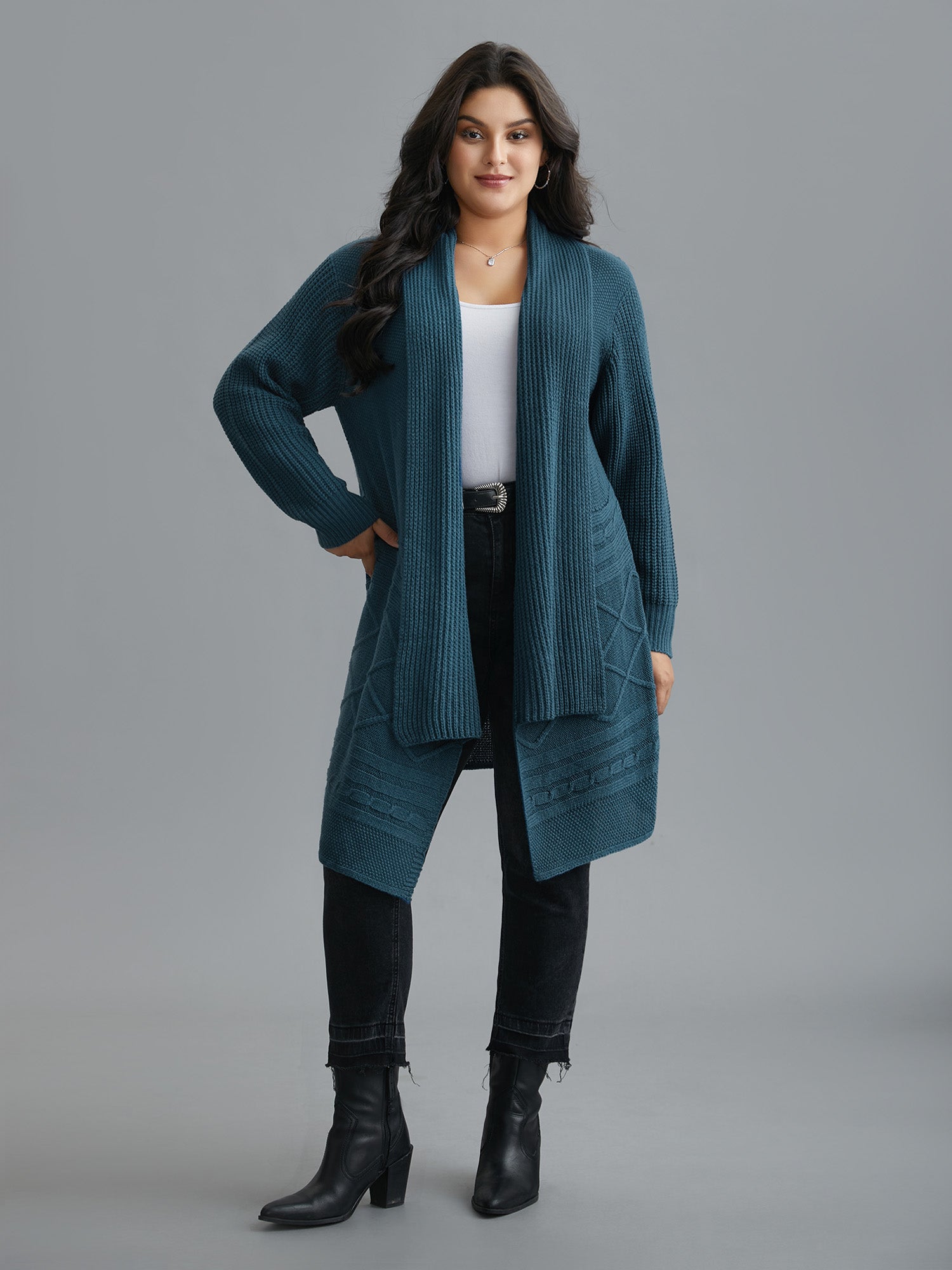 Cable Knit Asymmetrical Hem Open-Front Cardigan