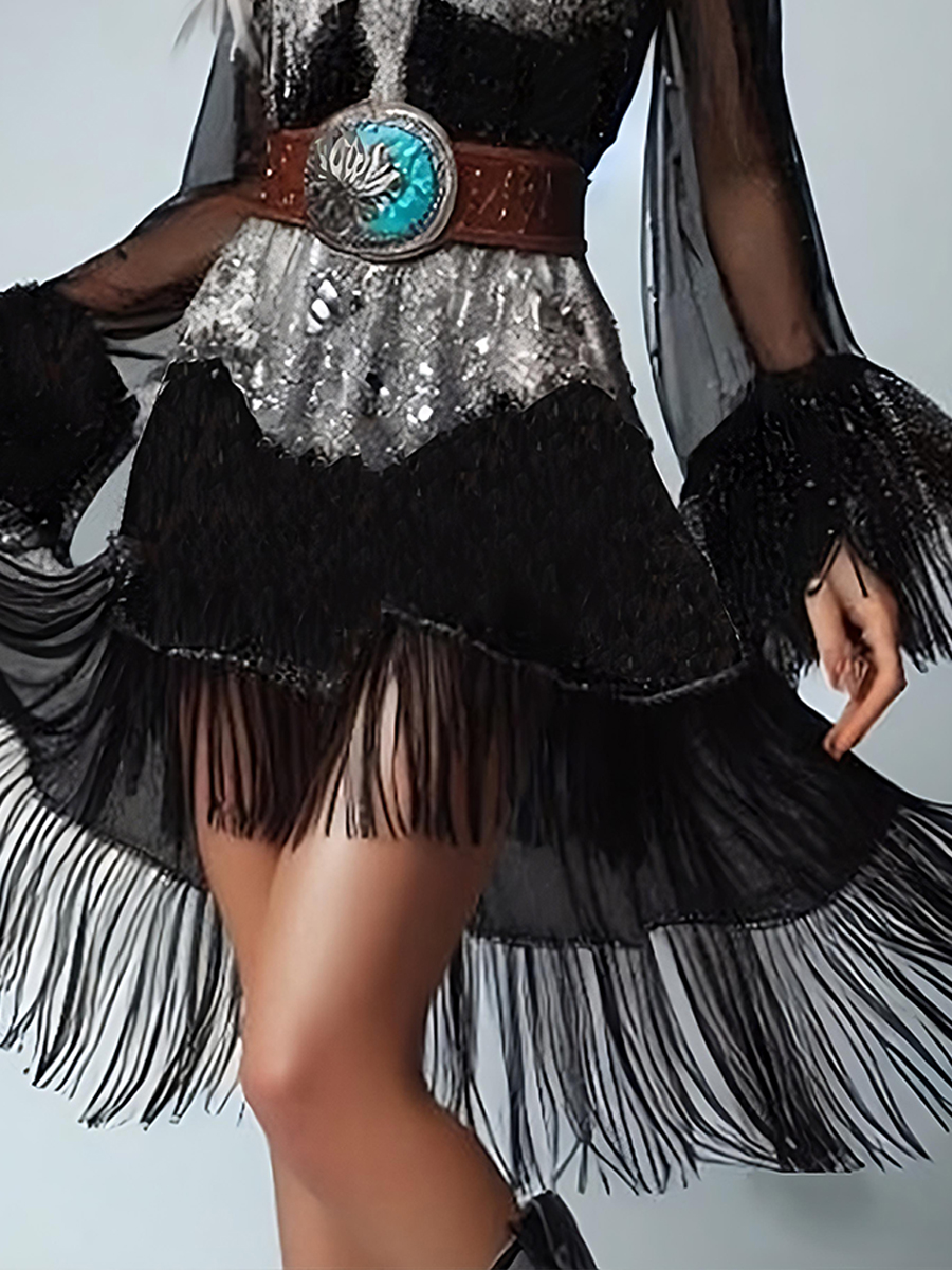 Luxury Glitter V Neck Fringe Flare Sleeve Midi Dress