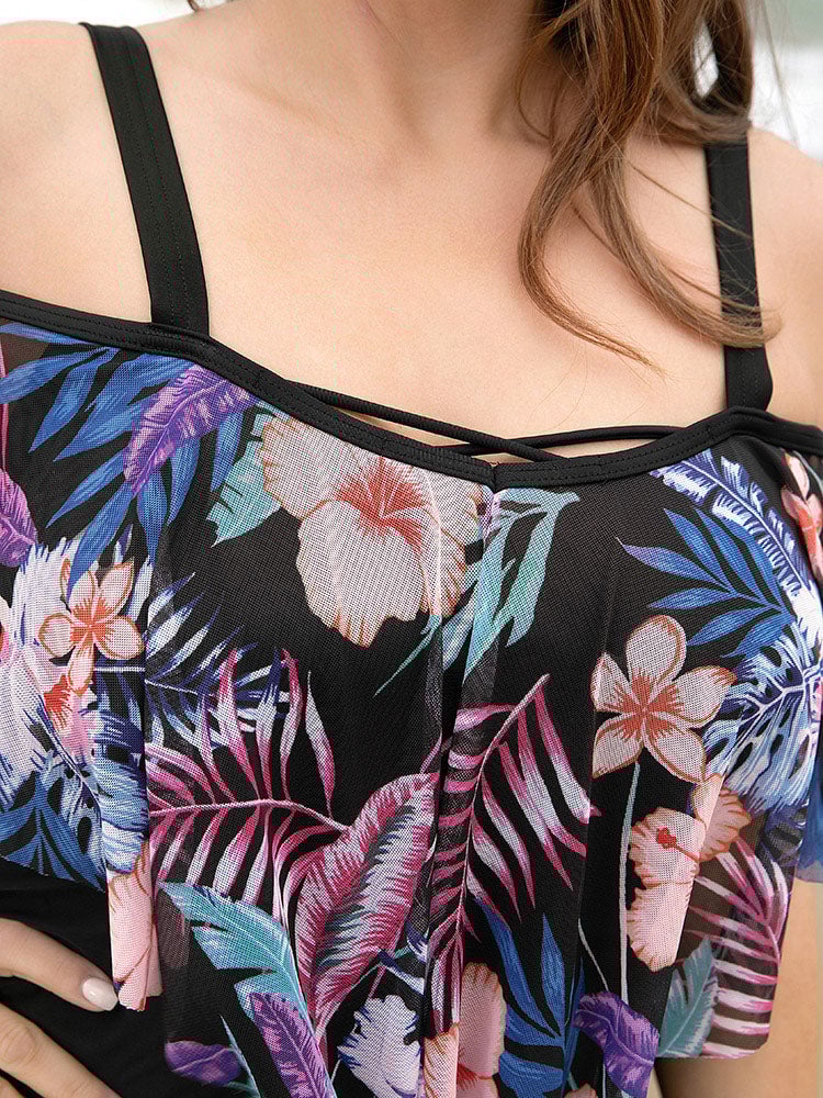 Floral Patchwork Asymmetrical Ruffle Trim Crisscross One Piece Swimsuit