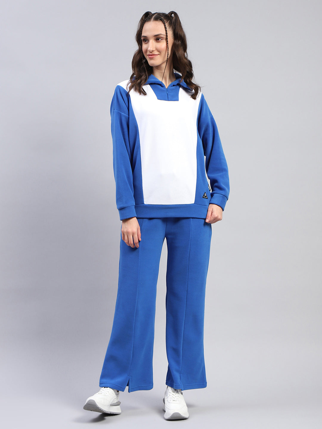 Women Blue Solid Collar Full Sleeve Tracksuit