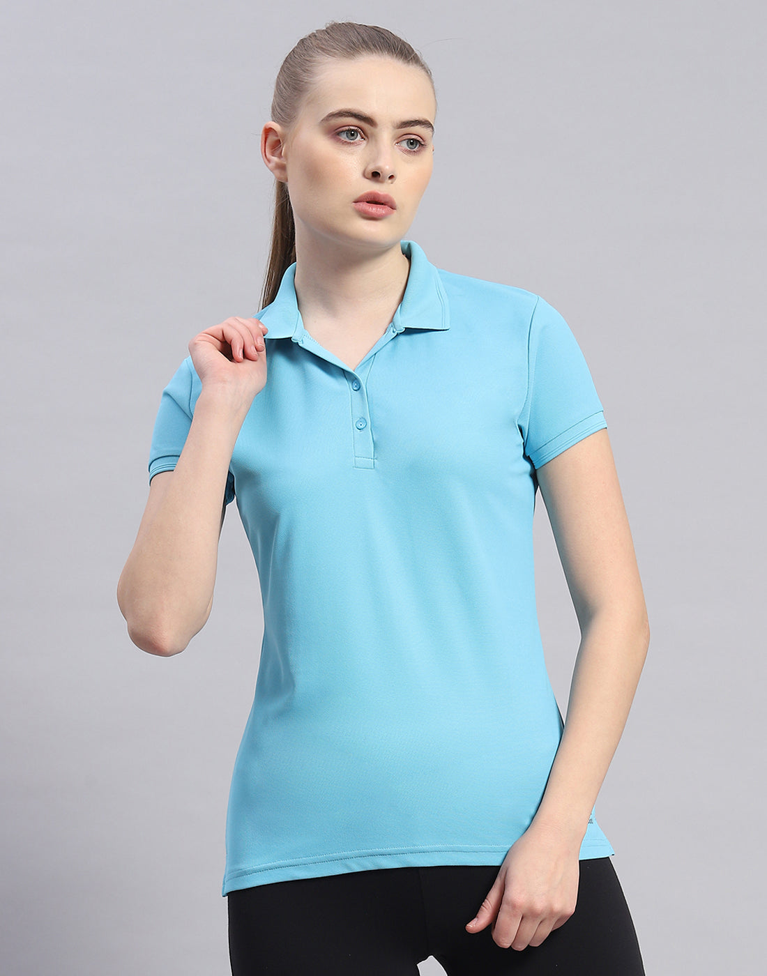 Women Blue Solid Polo Collar Half Sleeve T-Shirt