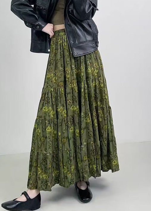 Vintage Green Print Wrinkled Elastic Waist Cotton Skirts Spring