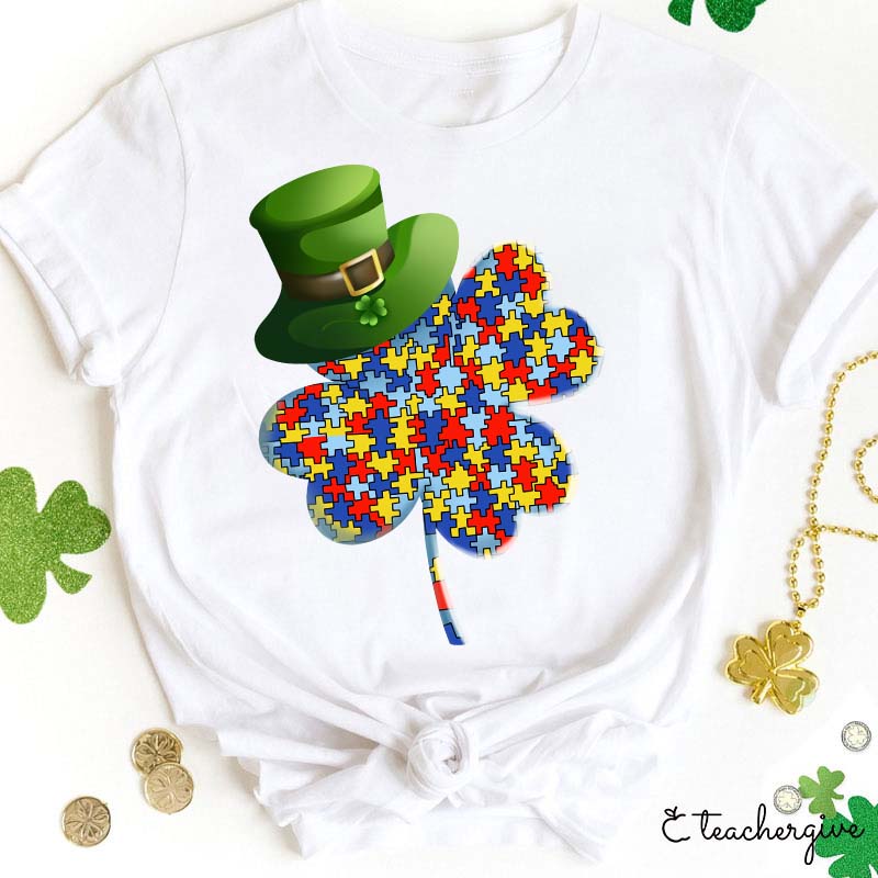 Puzzle Clover Wearing Leprechaun Hat Teacher T-Shirt