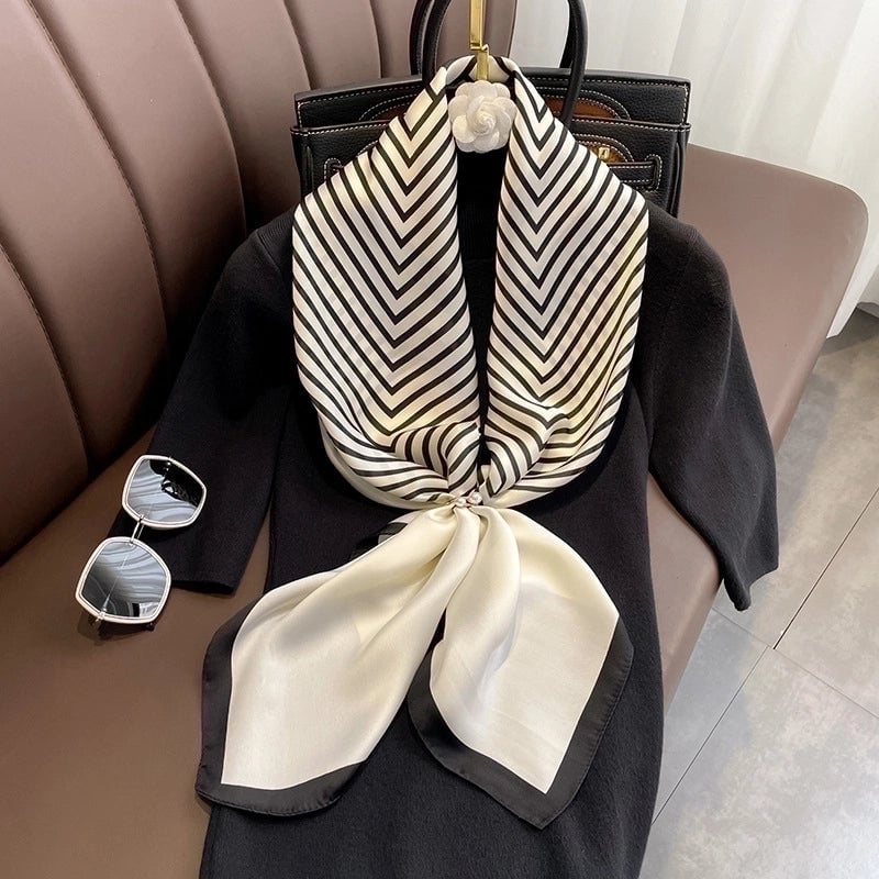 Fashion Light Luxury 90cm Simulation Silk Scarf Simple Striped Large Square Scarf