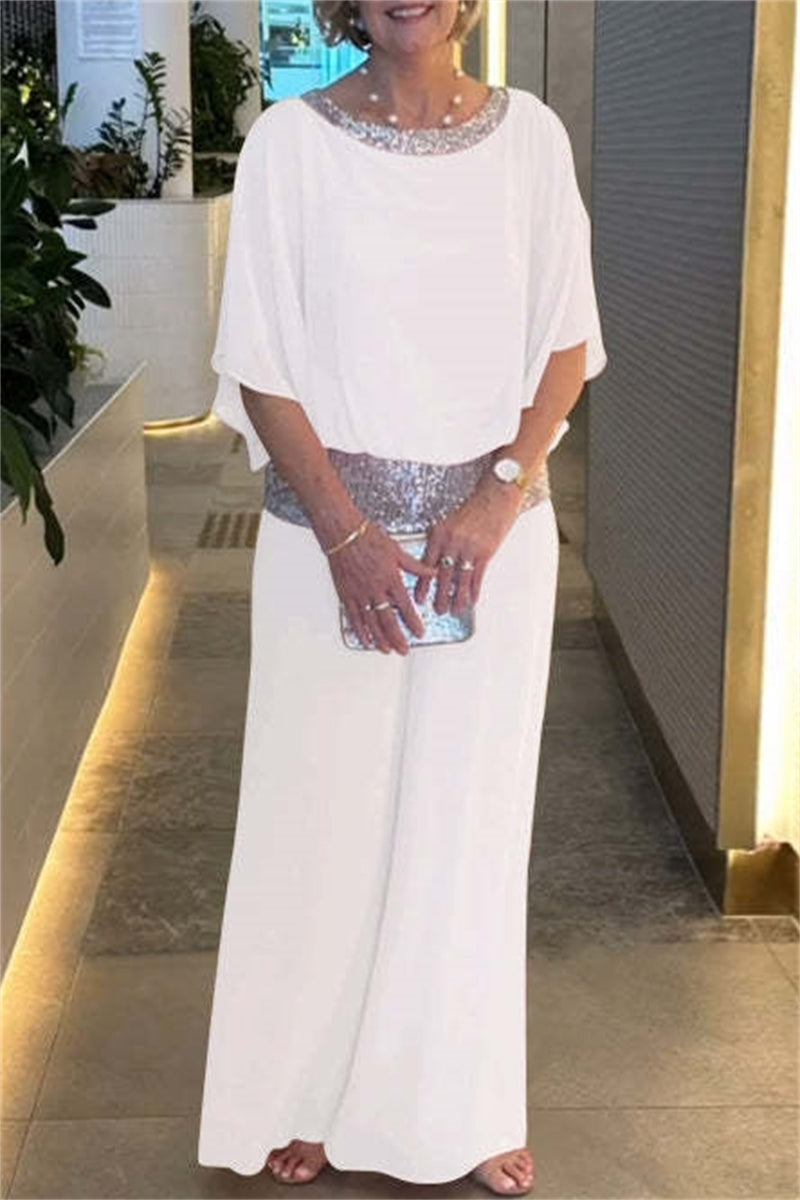 Casual Solid Color Sequins Patchwork O Neck Half Sleeve Two Pieces