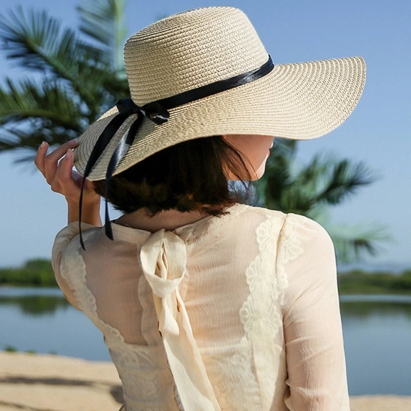 Women's Sweet Pastoral Color Block Bowknot Side Of Fungus Straw Hat